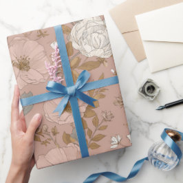 Boho Stof Rose Bloem Beige Bloemmotief Cadeaupapier
