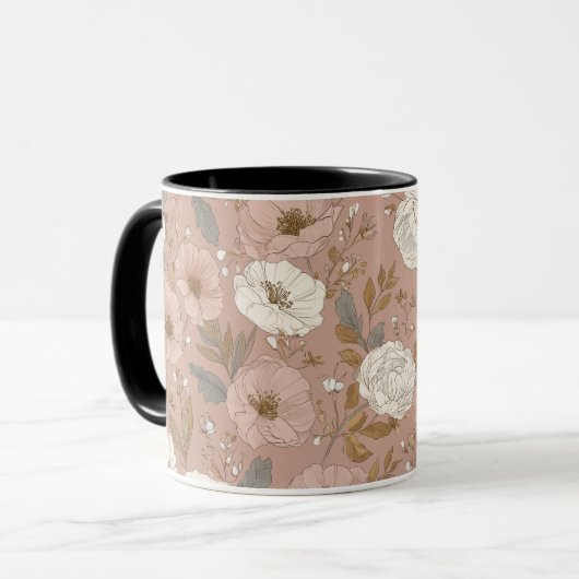 Boho Stof Rose Bloem Beige Bloemmotief Mok (Voorkant links)