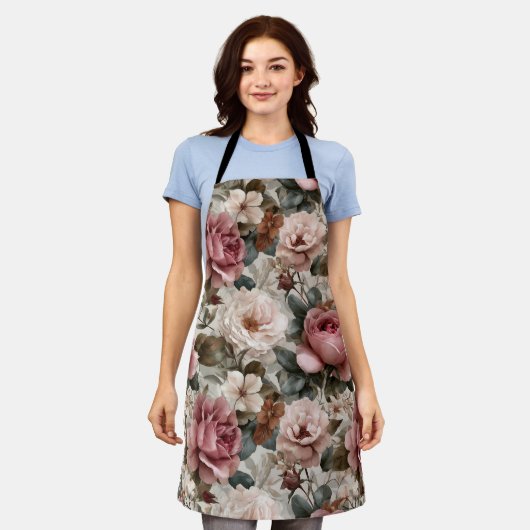 Boho Stof Rose Bloem Beige Bloemmotief Schort (Gedragen)