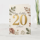 Boho Stof Roze Bloem Goud 20e Verjaardag Kaart (Voorkant)