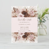 Boho Stof Roze Bruin Bloem Pampas Gras Bruiloft Save The Date (Staand voorkant)