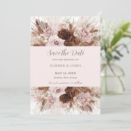 Boho Stof Roze Bruin Bloem Pampas Gras Bruiloft Save The Date (Staand voorkant)