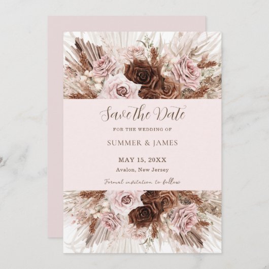 Boho Stof Roze Bruin Bloem Pampas Gras Bruiloft Save The Date (Voorkant / Achterkant)