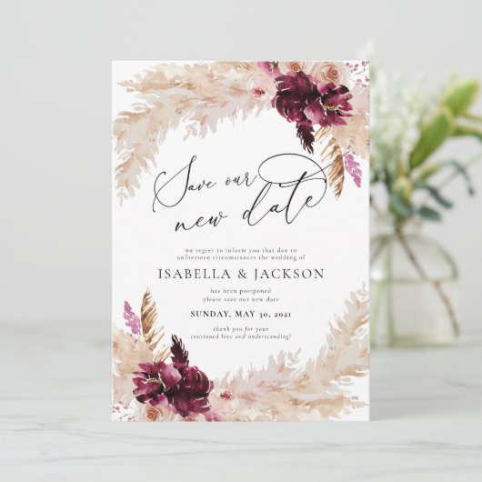 Boho Stof Roze en Burgundy Sla onze nieuwe datum o Kaart (Staand voorkant)