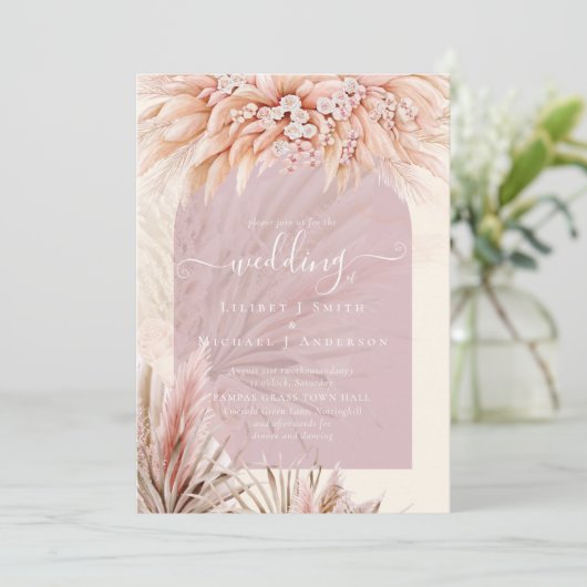 BOHO Stof Roze Koraal PAMPASGRAS Bruiloft Kaart (Staand voorkant)