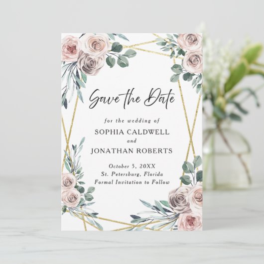 Boho Stof Roze Rozen Bloemige Groene Huwelijk Save The Date (Staand voorkant)