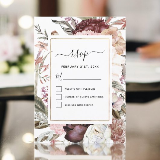 Boho Stof Roze Wijnrode Trouw RSVP Kaart