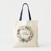 Boho Stofblauw Beige Roos Bloemenkrans Schoudertas Tote Bag (Voorkant)