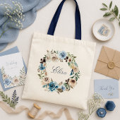 Boho Stofblauw Beige Roos Bloemenkrans Schoudertas Tote Bag