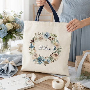 Boho Stofblauw Beige Roos Bloemenkrans Schoudertas Tote Bag