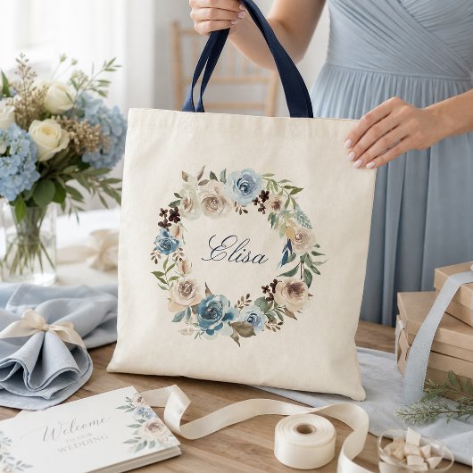 Boho Stofblauw Beige Roos Bloemenkrans Schoudertas Tote Bag