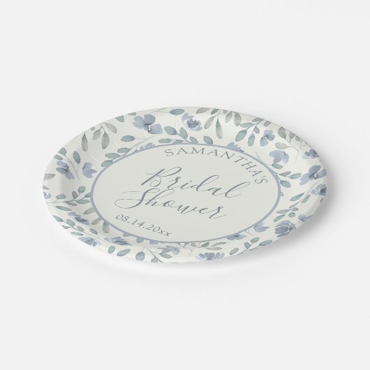 Boho Stofblauw Bloem Bruidsmeisjesfeest  Papieren Bordje (Gekanteld)