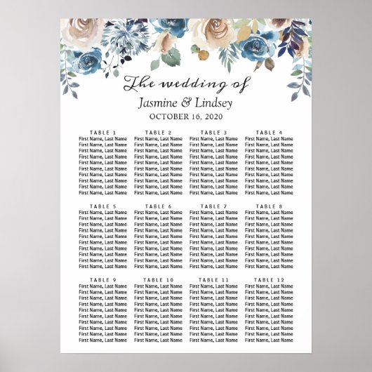 Boho Stofblauw Bloem Bruiloft Zitplaatsen Chart Poster (Voorkant)