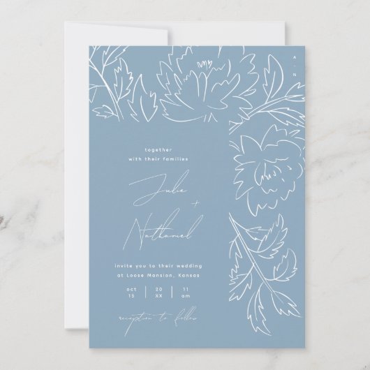 Boho Stofblauw Bloemachtige Bruiloft Kaart (Voorkant)