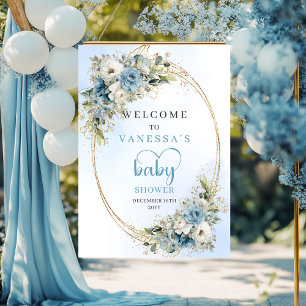 Boho Stofblauw Bloemen Goud Baby Shower Welkom Poster