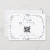 Boho Stofblauw Bloemencode QR Code Botanische Huwe RSVP Kaartje (Voorkant)