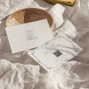 Boho Stofblauw Bloemencode QR Code Botanische Huwe RSVP Kaartje