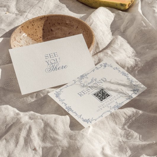 Boho Stofblauw Bloemencode QR Code Botanische Huwe RSVP Kaartje
