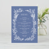 Boho Stofblauw Bloemenkrans Bruiloft Menu (Staand voorkant)