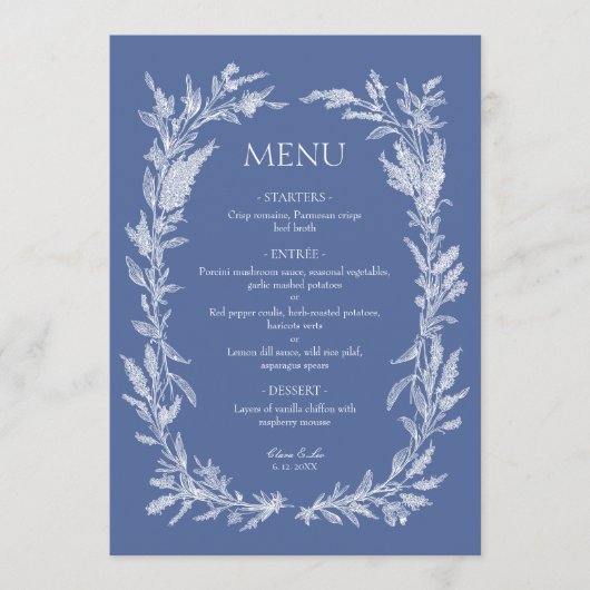 Boho Stofblauw Bloemenkrans Bruiloft Menu (Voorkant)