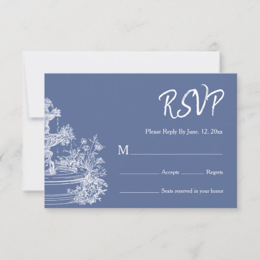 Boho Stofblauw Bloemenkrans Bruiloft RSVP Kaartje (Voorkant)