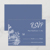Boho Stofblauw Bloemenkrans Bruiloft RSVP Kaartje (Voorkant / Achterkant)