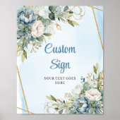 Boho Stofblauw Bloemig Gouden Glitter Welkomstbord Poster (Voorkant)