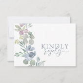 Boho Stofblauw Bloemstuk RSVP Trouw Kaartje (Voorkant)