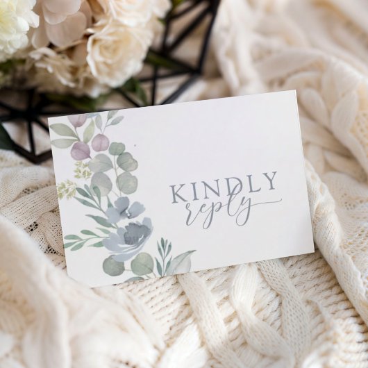 Boho Stofblauw Bloemstuk RSVP Trouw Kaartje