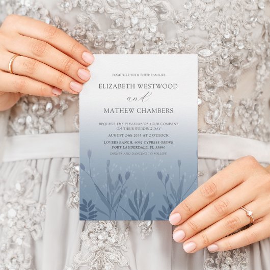 Boho Stofblauw Geperste Blad Bruiloft Kaart