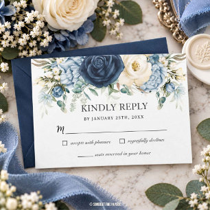 Boho Stofblauw Marine Ivoor Bloem Sjalot Bruiloft RSVP Kaartje