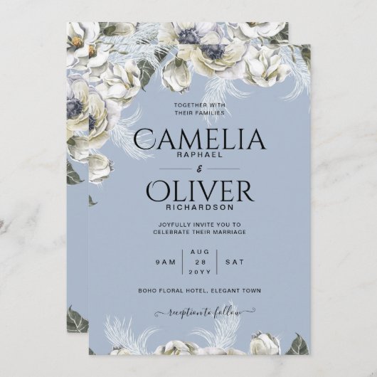 BOHO Stofblauw Pampas Bloem Bruiloft Kaart (Voorkant / Achterkant)