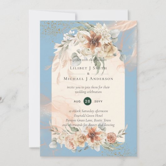 Boho Stofblauw Pampasgras Bruiloft Kaart (Voorkant)