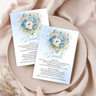 Boho Stofblauw Pioenrozen Gouden Trouwdetails Kaar Informatiekaartje