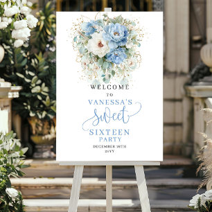 Boho Stofblauw Pioenrozen Sweet Sixteen Welkom Poster