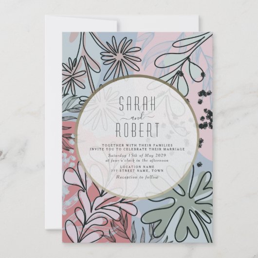 Boho Stofblauw Roze Bloemige Trouw Uitnodiging (Voorkant)