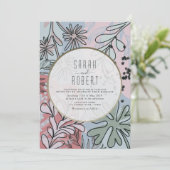 Boho Stofblauw Roze Bloemige Trouw Uitnodiging (Staand voorkant)
