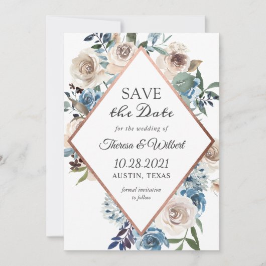 Boho Stofblauw Rustieke Bloemige Bewaar De Datum Save The Date (Voorkant)