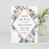 Boho Stofblauw Rustieke Bloemige Bewaar De Datum Save The Date (Staand voorkant)