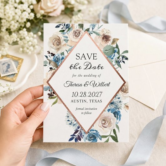 Boho Stofblauw Rustieke Bloemige Bewaar De Datum Save The Date
