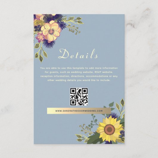 Boho Stofblauw Trouwdetails QR-code Informatiekaartje (Voorkant)