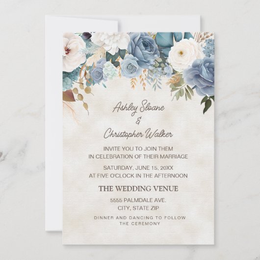 Boho Stofblauw Witte Bloemen Crème Trouw Kaart (Voorkant)
