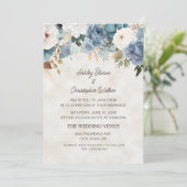 Boho Stofblauw Witte Bloemen Crème Trouw Kaart (Staand voorkant)