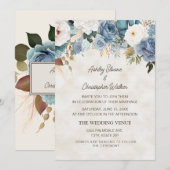 Boho Stofblauw Witte Bloemen Crème Trouw Kaart (Voorkant / Achterkant)