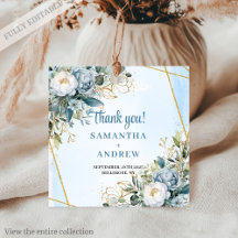 Boho Stofblauw Witte Bloemen Gouden Bedankkaart