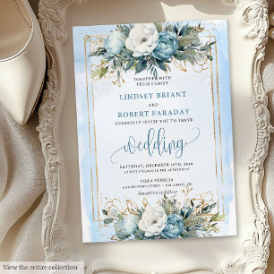 Boho Stofblauw Witte Gouden Bloemen Trouwkaarten Kaart