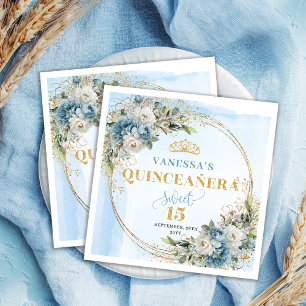Boho Stofblauwe Bloemen Goud Quinceañera Servetten