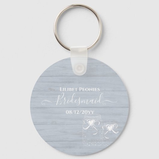 BOHO Stofblauwe Drijfhout Mason Jars Trouwen Sleutelhanger (Voorkant)