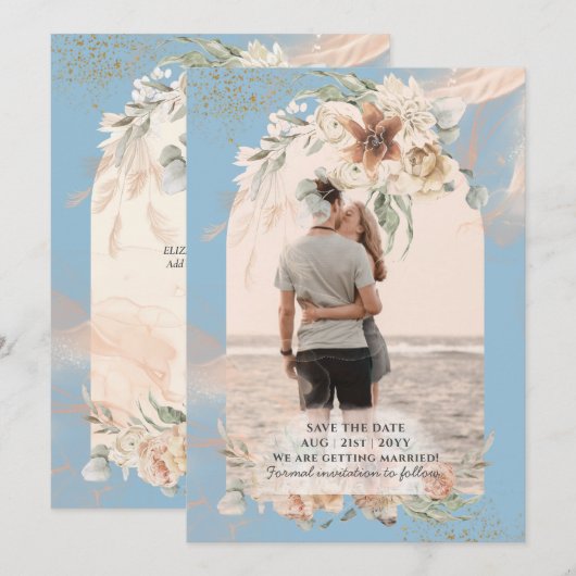 Boho Stofblauwe Pampasgras Bruiloft Save The Date (Voorkant / Achterkant)