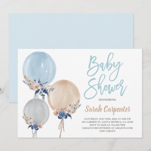 Boho stoffig blauw baby shower ballonnen jongen kaart (Voorkant / Achterkant)